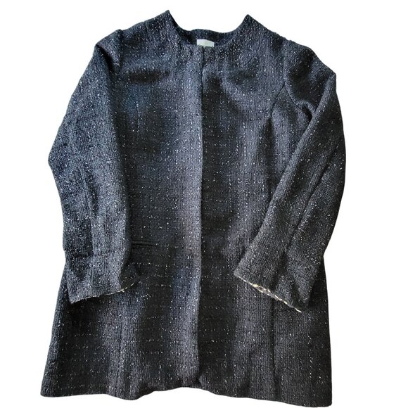 Chicos Black Tweed Open Front Jacket Tinsel Leopard Print Lining Size S 1 - Picture 2 of 16